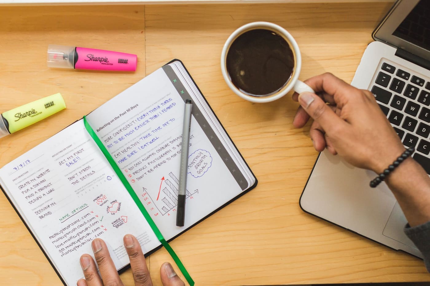 Open notebook with highlighted notes, a cup of coffee and a laptop on a wooden desk