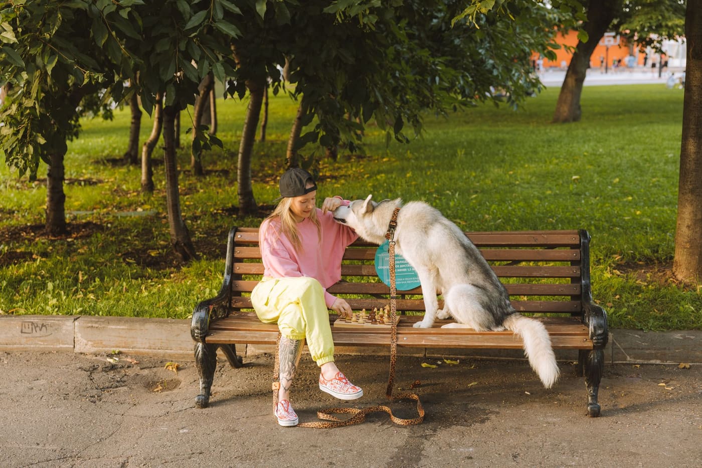 A woman sitting on a park bench with a husky dog beside her